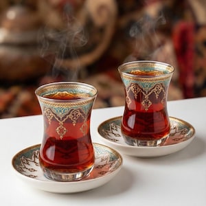 Luxury Turkish Tea Glass Set – Gold and Turquoise Ottoman Style Tea Cup with Saucer