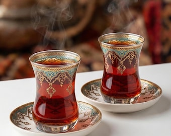 Set di bicchieri da tè turco di lusso - Tazza da tè in stile ottomano color oro e turchese con piattino