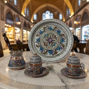 手作り銅製トルココーヒーセット（カップ、コーヒーポット、トレイ付き） - オスマンスタイル Ottoman White