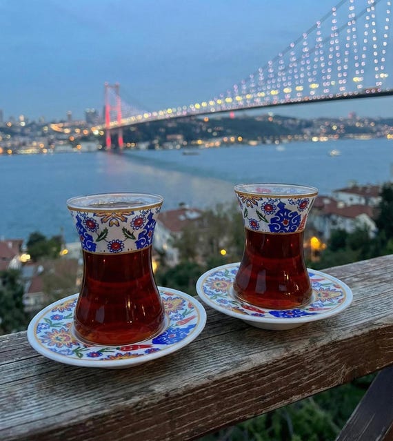 Traditionelle türkische Teegläser mit Untertasse - Iznik Keramikmuster Geschenk für Teeliebhaber