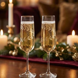Può includere: Due flûte di champagne piene di liquido frizzante, decorate con un motivo a foglie. I bicchieri sono su una superficie di legno, con candele e decorazioni festive sullo sfondo.