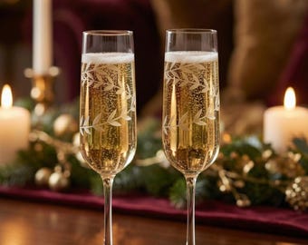 May include: Two champagne flutes filled with bubbly liquid, adorned with a leaf pattern. The glasses sit on a wooden surface, with candles and festive decorations in the background, creating a celebratory atmosphere.