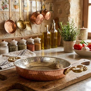 Può includere: Una padella rotonda e poco profonda in rame con finitura esterna martellata e due manici in metallo dorato decorati. L'interno della padella presenta un rivestimento metallico ed è posizionata su un tagliere in legno rustico in cucina.