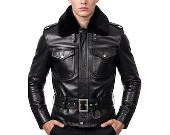 Mens Black Police Leather Shirt Jacket - Uniform Style Officer Coat  - Tailored Fit Outerwear - Gift for Him