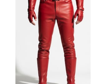 Red Genuine Leather Gothic Pants – Buckle Strap Biker Trousers – Handmade Punk Rock Motorcycle Pants – Alternative Streetwear – Gift for Him