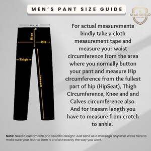 May include: A black pant size guide with labeled measurements: Rise, Hip, Thigh, and Inseam. Text provides instructions for measuring waist, hip, thigh, knee, calves, and inseam for custom pants. The guide includes the text "MEN'S PANT SIZE GUIDE".