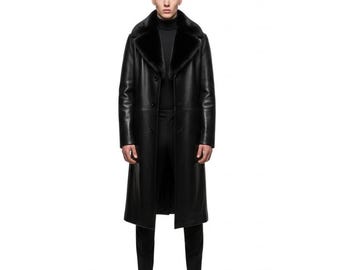 Genuine Black Leather Long Coat Men with Black Fur - Real Leather Winter Coat with Belt Pockets - Customizable Leather Jacket - Gift for Him