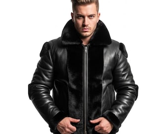 Handmade Black Genuine Leather Jacket Men - Custom Shearling Lined Winter Coat - Luxury Tailored Outerwear with Fur Trim - Gift for Him