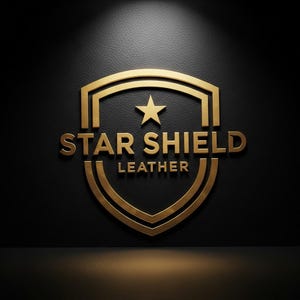 May include: A gold-colored Star Shield Leather logo on a black background. The logo features a shield shape with a star at the top and the words "STAR SHIELD LEATHER" in a serif font.