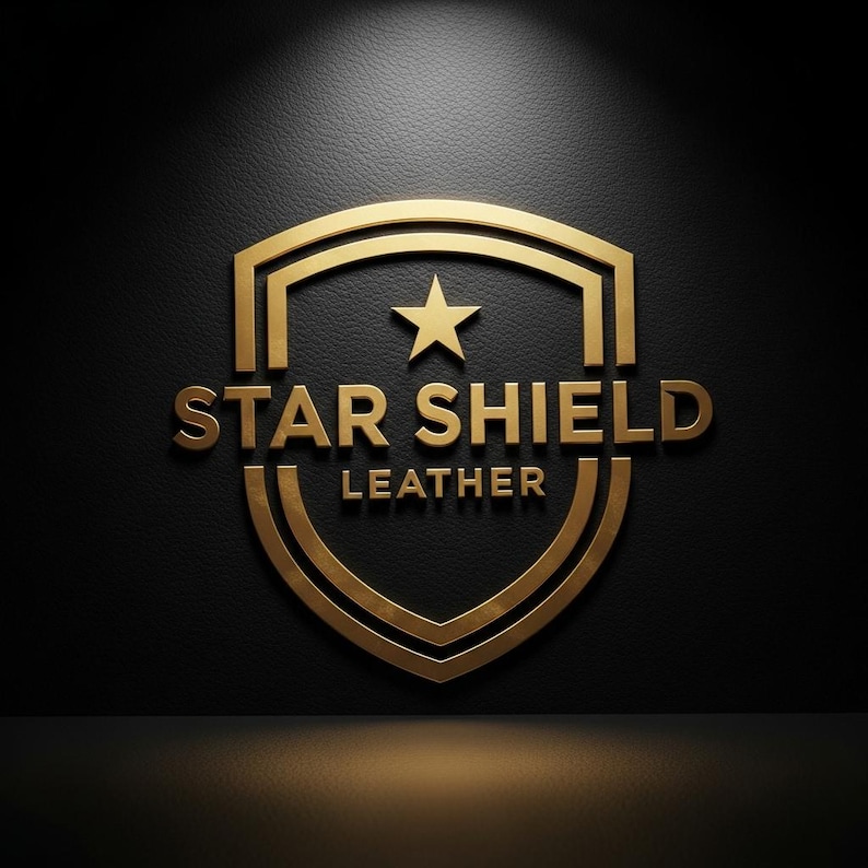 May include: A gold-colored Star Shield Leather logo on a black background. The logo features a shield shape with a star at the top and the words "STAR SHIELD LEATHER" in a serif font.