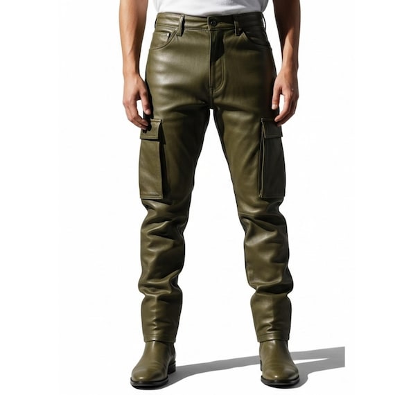 Genuine Green Leather Cargo Pants : Handmade Gothic Style Biker Trousers – Custom Fit Steampunk Streetwear Outfit – Gift for Him