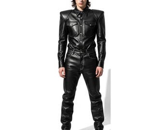 Mens Shoulder Genuine Leather Suit : Cyberpunk Warrior Jumpsuit | Handmade Gothic Body Armor Style | Gift for Him