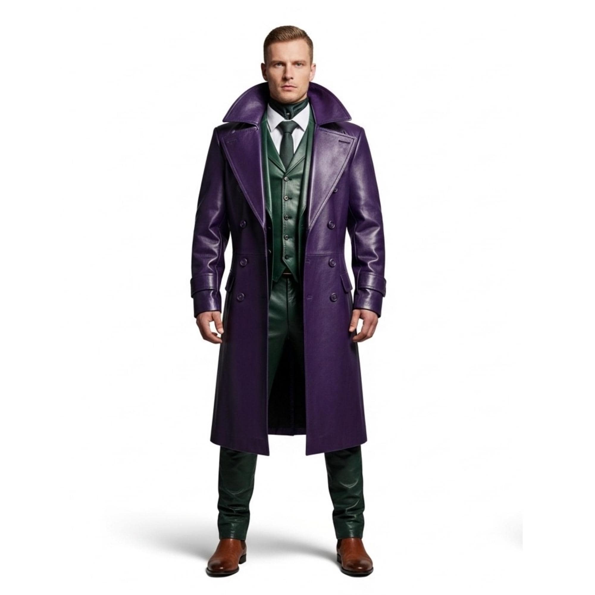 Mens Genuine Leather Wizard Costume : Handmade Purple Coat & Green