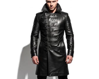 Mens Black Leather Trench Coat - Handmade Genuine Cowhide Long Coat - Custom Gothic Buckled Overcoat - Tailored Streetwear - Gift for Him