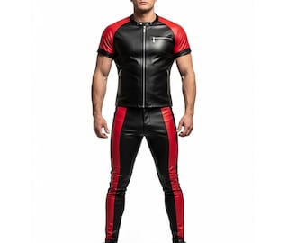 May include: Black and red leather outfit. The short-sleeved jacket has a black body with red shoulders and a zipper closure. The pants are black with red side panels. The outfit is worn with black boots.
