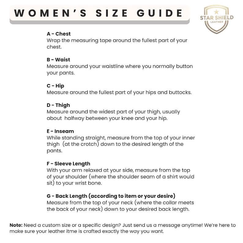 May include: A white size guide for women's clothing, with text detailing how to measure chest, waist, hip, thigh, inseam, sleeve length, and back length. The Star Shield Leather logo is in the upper right corner.