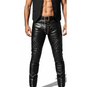 Genuine Black Leather Gothic Pants – Handmade Steampunk Biker Trousers for Men – Quilted Leather Streetwear Outfit – Gift for Him