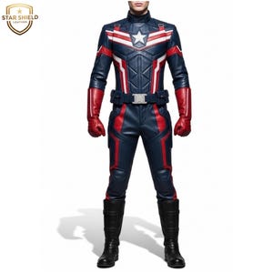 May include: A full-body Captain America costume in navy blue, red, and white. The costume includes a jacket with a white star, matching pants, gloves, and boots. The Star Shield Leather logo is in the upper left corner.