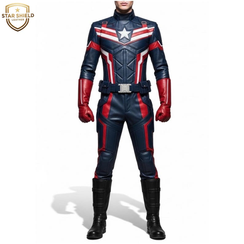 May include: A full-body Captain America costume in navy blue, red, and white. The costume includes a jacket with a white star, matching pants, gloves, and boots. The Star Shield Leather logo is in the upper left corner.