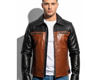 Handmade Black Brown Leather Jacket Men - Real Genuine Leather Coat - Classic Personalized Leather Outerwear - Gift for Him