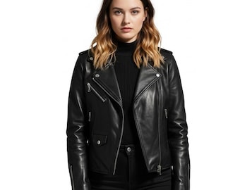 Handmade Black Leather Biker Jacket: Women's Moto Jacket - Classic Motorcycle Style Outerwear - Vintage Fashion Coat - Gift for  Her