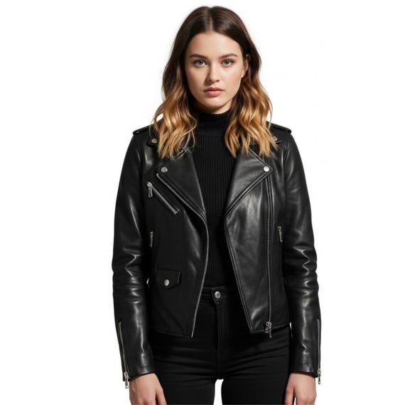 Handmade Black Leather Biker Jacket: Women's Moto Jacket - Classic Motorcycle Style Outerwear - Vintage Fashion Coat - Gift for  Her