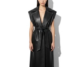 Ärmelloses schwarzes Lederkleid für Damen: Langes Lederkleid mit Gürtel | Handgefertigtes Outfit im Gothic-Chic-Stil – Geschenk für ihn