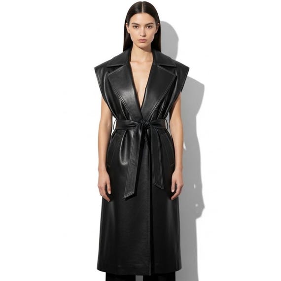 Womens Black Genuine Leather Sleeveless Trench Dress - Long Belted Leather Coat Dress - Handmade Gothic Chic Outfit - Gift for Him