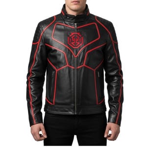 May include: Black leather jacket with red accents. The jacket features a stand-up collar, a zipper closure, and red geometric designs on the chest, shoulders, and sleeves. A red emblem is on the chest. The jacket is worn over black pants.