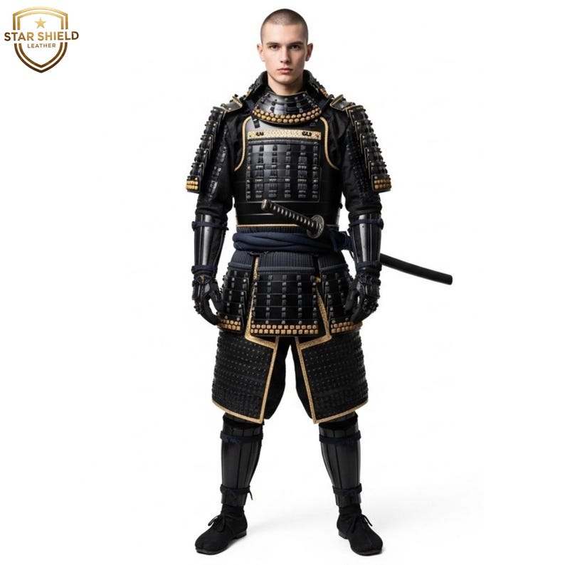 May include: Black samurai armor with gold accents. The armor includes a chest plate, shoulder guards, and leg protection. A katana sword is sheathed at the waist. The Star Shield Leather logo is visible in the upper left corner.