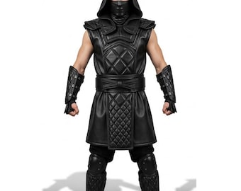 Genuine Leather Ninja Costume - Handmade Quilted Vest & Hooded Assassin Outfit - Samurai Warrior Cosplay Suit , Gift for Him