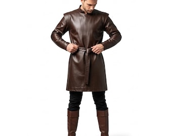 Custom Genuine Leather Medieval Tunic for Men - Handcrafted Brown Long Sleeve Outfit with Belt - Gift for Him