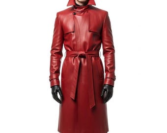 Handmade Red Genuine Leather Hooded Coat - Custom Cosplay Armored Trench - Tailored Assassin Gothic Jacket - Gift for Him