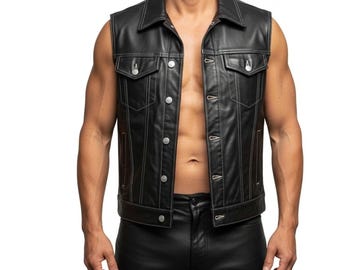 Mens Black Leather Biker Vest : Handmade Gothic Fashion - Vintage Punk Rock Motorcycle Vest - Custom Leather Outfit - Gift for Him