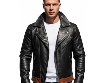 Handmade Black Brown Leather Jacket Men - Real Genuine Leather Outerwear - Classic Personalized Leather Coat - Gift for Him