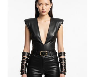Womens Black Genuine Leather Warrior Costume : Handmade Combat Bodysuit with Shoulder Armor -  Gladiator Outfit - Gift for Her