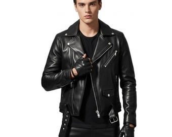 Handmade Genuine Black Leather Biker Jacket : Personalized Fit – Classic Motorcycle Outerwear | Custom Made Punk Rock Style – Gift for Him