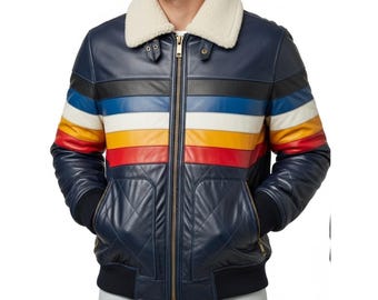 Handmade Leather Puffer Jacket : Vibrant Faux Fur Collar Winter Coat - Colorful Gamer Cosplay Streetwear Outfit - Gift for Him