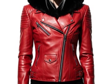 Peut inclure: Une veste en cuir rouge vif avec un col doublé de fourrure noire. La veste présente une fermeture éclair asymétrique classique, plusieurs poches zippées et des détails matelassés aux épaules. C'est un vêtement d'extérieur élégant.