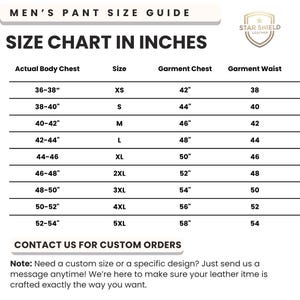 May include: A size chart in inches for men's pants, with measurements for body chest, garment chest, and waist. Sizes range from XS to 5XL. Includes the Star Shield Leather logo and a note about custom orders.