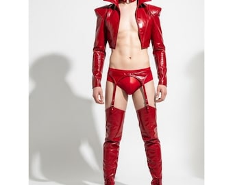 Red Gothic Leather Costume – Handmade Cropped Jacket & Harness Pants Set – Festival Rave Wear, Cyberpunk Cosplay Outfit – Gift for Him