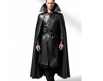 Custom Genuine Leather Cloak Set for Men - Handcrafted Black Full Length Cape with Belted Leather Tunic - Gift for Him