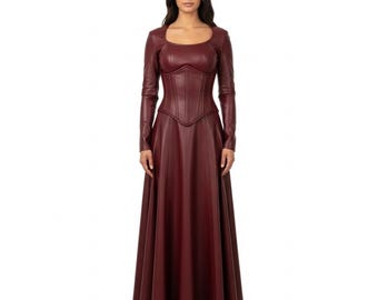 Womens Burgundy Leather Long Dress Decorative Laced Bodice and Layered  Shoulder Panels - Etsy