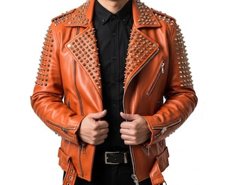 Handmade Orange Leather Biker Jacket: Studded Skull Embroidery – Gothic Punk Rock Motorcycle Jacket – Vintage Moto Outerwear – Gift for Him