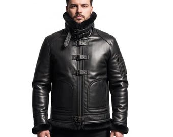 Handmade Black Leather Gothic Trench Coat - Vintage Inspired Fur Trim - Custom Gothic Outerwear Jacket - Gift for Him
