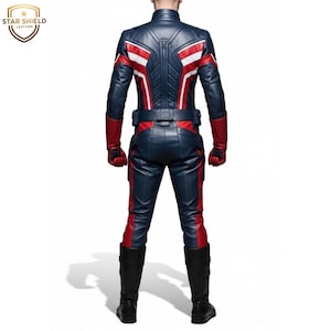 May include: A navy blue and red leather costume with white accents, featuring a jacket and pants. The costume includes a belt, gloves, and boots. The Star Shield Leather logo is visible in the upper left corner.