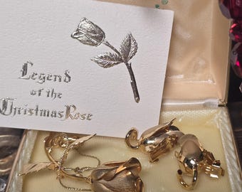 Vintage Giovanni Longcraft Legends of the Christmas Rose Brooch & Clip-On Earrings Set in Original Box