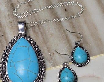 Large Teardrop Turquoise Color Pendant Necklace & Earring Set Sterling Chain