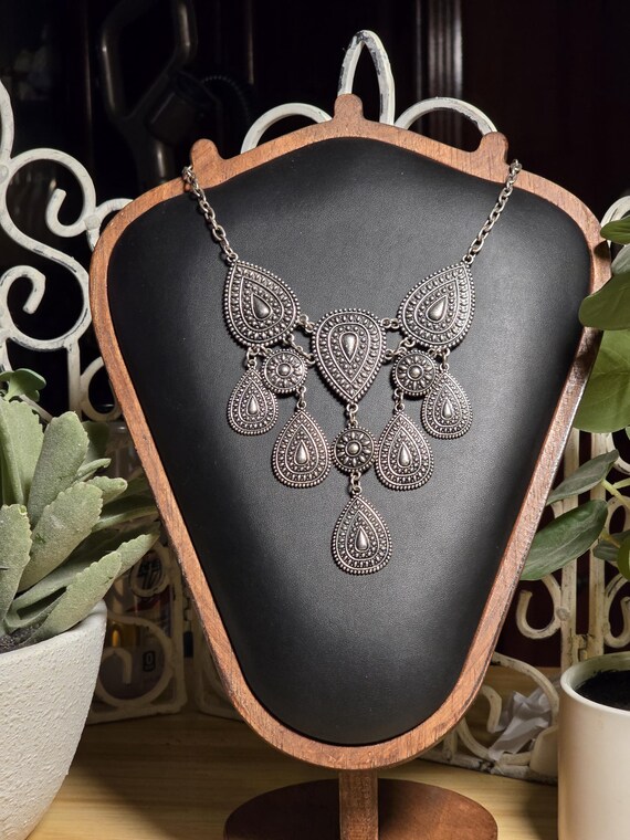 Silver Tone Statement Necklace Boho Teardrop Bib … - image 7