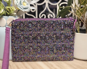 Vintage Beaded Wristlet Clutch Iridescent Y2K Evening Bag Rainbow Bead Purse